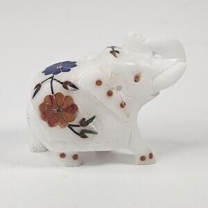 Vintage MCM Lucky Elephant Figurines Artisan Carved White Marble